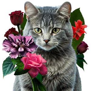 Grey Cat With Flowers Png Pyg68 PNG Image