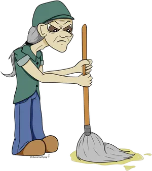 Grumpy Cartoon Janitor Cleaning Spill PNG Image