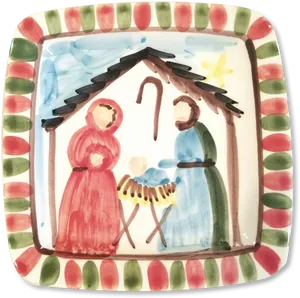 Hand Painted Nativity Scene Plate PNG Image