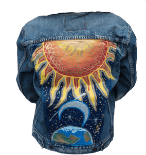Hand Painted Sun Moon Earth Denim Jacket PNG image with transparent background