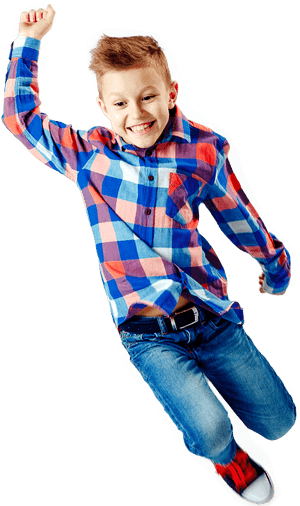 Happy Boy Jumping In Plaid Shirt PNG image with transparent background
