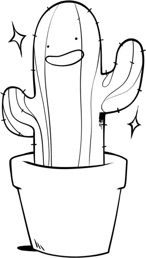 Happy Cactus Cartoon Blackand White PNG Image