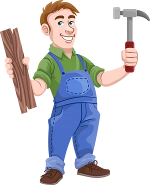 Happy Carpenter With Hammerand Wood PNG Image