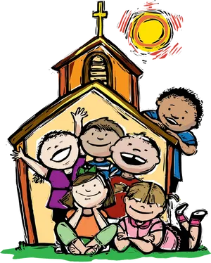 Happy Children Church Cartoon PNG Image