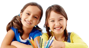 Happy Elementary Studentswith Colored Pencils PNG Image