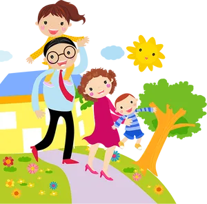 Happy Family Cartoon Outdoors PNG Image