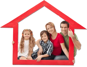 Happy Family In Red House Frame PNG Image