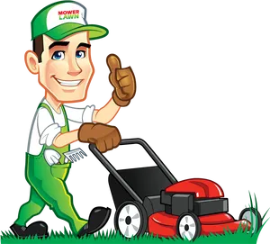 Happy Lawn Care Professionalwith Mower PNG Image