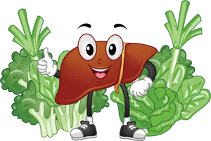 Happy Liver Character With Greens PNG Image