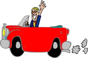 Happy Man Driving Red Car Cartoon PNG Image