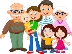 Happy Multigenerational Family Cartoon PNG Image