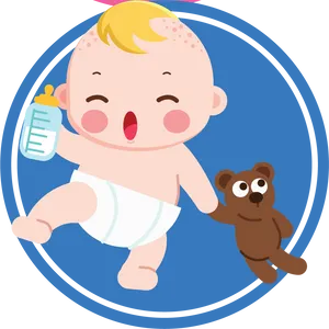 Happy Newbornwith Bottleand Teddy Bear PNG Image