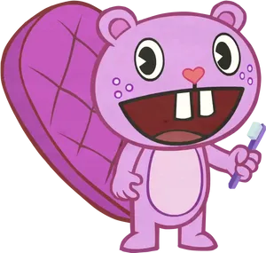 Happy Pink Cartoon Character With Toothbrush PNG Image