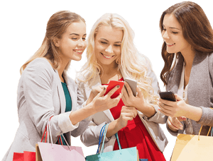 Happy Shoppers Using Smartphones PNG image with transparent background