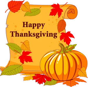 Happy Thanksgiving Greeting Pumpkin Leaves PNG Image