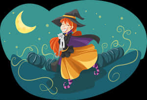 Happy Witchand Caton Broomstick PNG image with transparent background