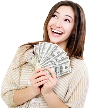 Happy Woman Holding Money PNG Image