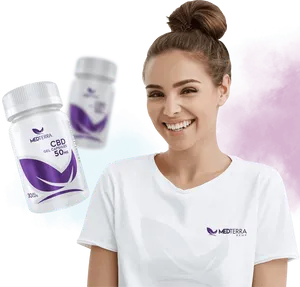 Happy Woman Promoting C B D Capsules PNG Image