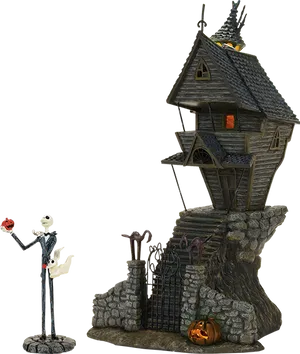 Haunted Houseand Skeleton Figurine PNG Image