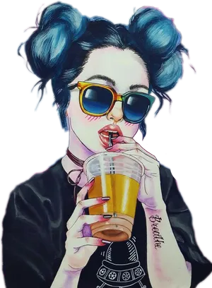 Hipster Girl Drinking Iced Coffee PNG Image