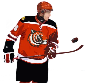 Hockey Player Red Jersey Tiger Emblem PNG Image