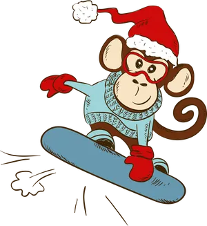 Holiday Monkey Snowboarding Cartoon PNG Image