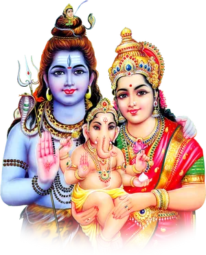 Holy_ Triad_ Shiva_ Parvati_ Ganesha_ Artwork PNG Image