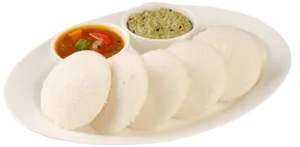 Idli Served With Chutney And Sambar PNG Image