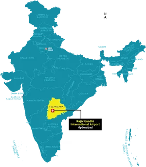 India Map Highlighting Telanganaand Rajiv Gandhi International Airport PNG Image