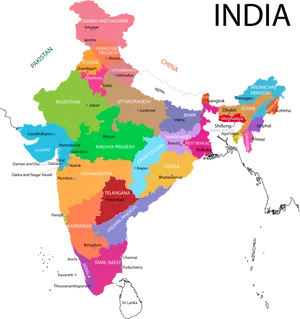 India Political Map Colorful PNG Image