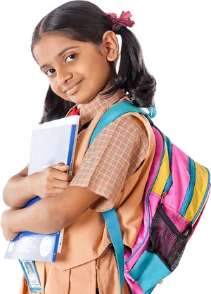 Indian Schoolgirl With Backpackand Books PNG Image