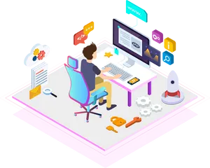 Isometric Developer Workspace Concept PNG Image