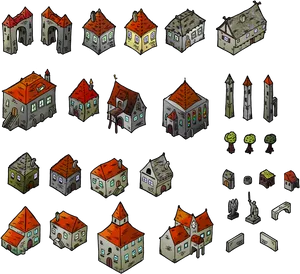 Isometric Medieval Buildingsand Objects PNG Image