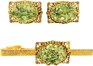 Jade Encrusted Golden Cufflinksand Tie Clip PNG image with transparent background