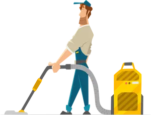 Janitor Cleaning With Vacuum Cleaner PNG Image