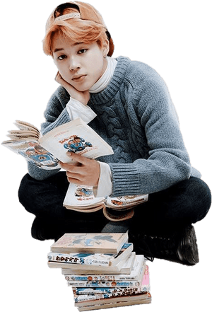 Jimin Reading Manga PNG image with transparent background