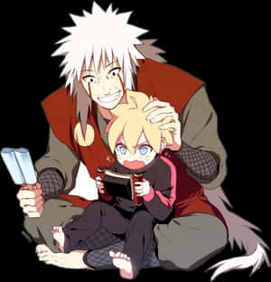 Jiraiyaand Young Naruto Reading Together PNG image with transparent background