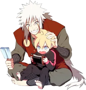 Jiraiyaand Young Naruto Reading Together PNG Image