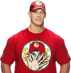 John Cena Red Shirtand Cap PNG Image