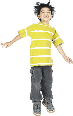 Joyful Boy Jumping In Striped Shirt PNG image with transparent background