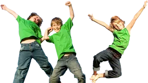 Joyful Kids Jumping In Green Shirts PNG Image