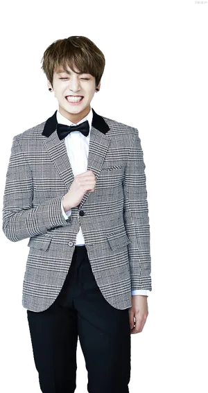 Jungkook Laughingin Checkered Suit PNG Image