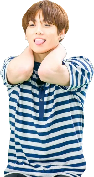 Jungkook Playful Pose Striped Shirt PNG Image