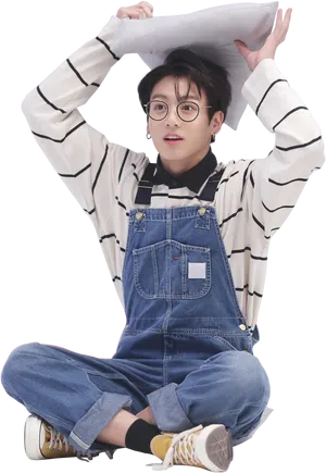 Jungkookin Striped Shirtand Denim Overalls PNG Image