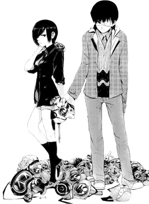 Kanekiand Touka Standing Over Masks PNG Image