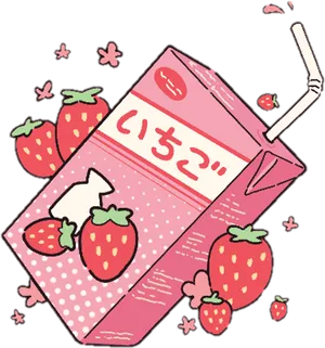 Kawaii Strawberry Milk Cartoon PNG Image