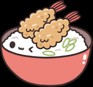 Kawaii Tempura Rice Bowl Cartoon PNG image with transparent background