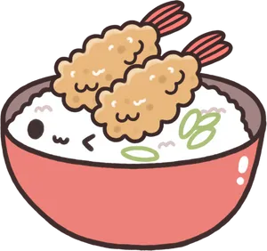 Kawaii Tempura Rice Bowl Cartoon PNG Image