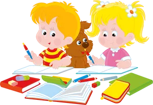 Kids Studying With Pet Dog PNG Image