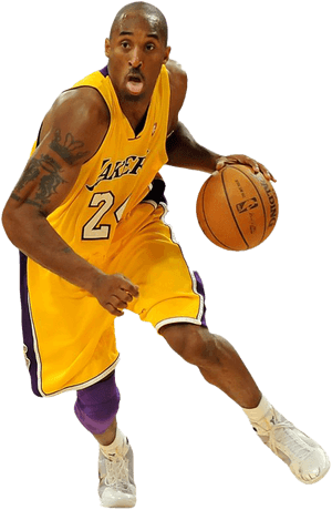Kobe Bryant Lakers Dribbling Action PNG image with transparent background